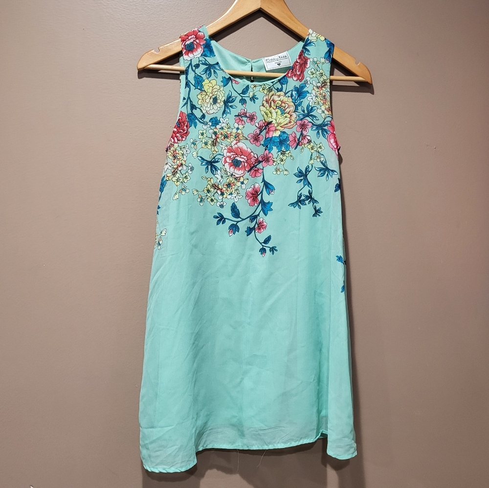 Beautees girl's teal floral swing dress sz 12